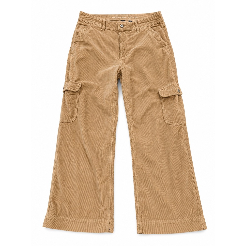 American Eagle Tan‎ Corduroy Cargo Pants Wide Leg Stretch Khaki Womens 8 Regular
